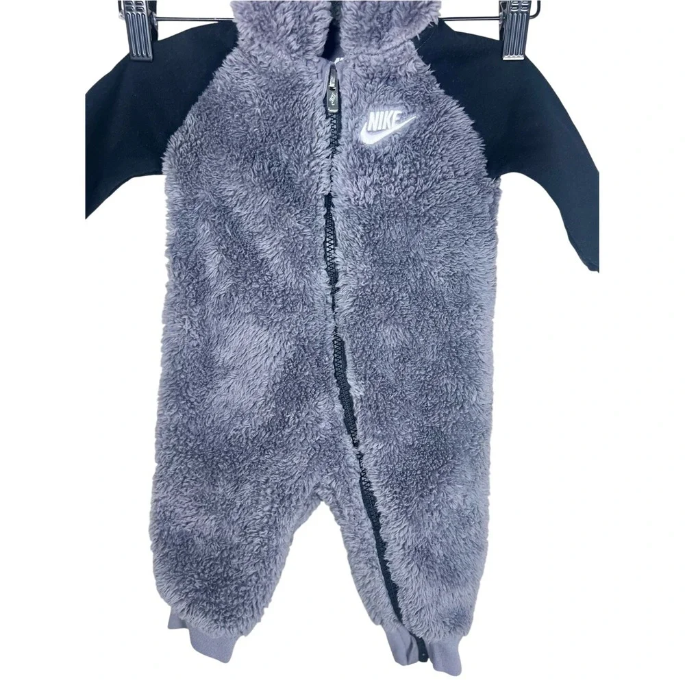Nike Baby Faux‎ Sherpa Hooded Coverall Gray Black 6M Excellent Condition